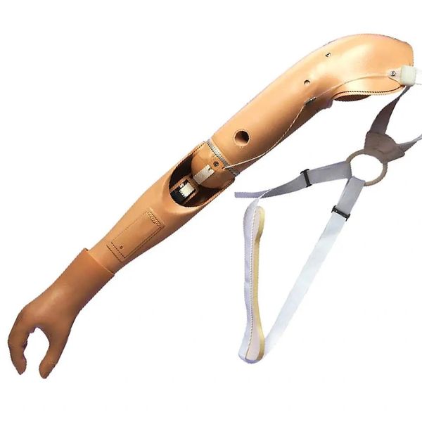 A beige prosthetic arm with straps and mechanical components.