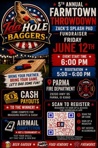 Flyer for the 5th Annual Farmtown Throwdown at Parma Fire Department with cash prizes and airmail competition.