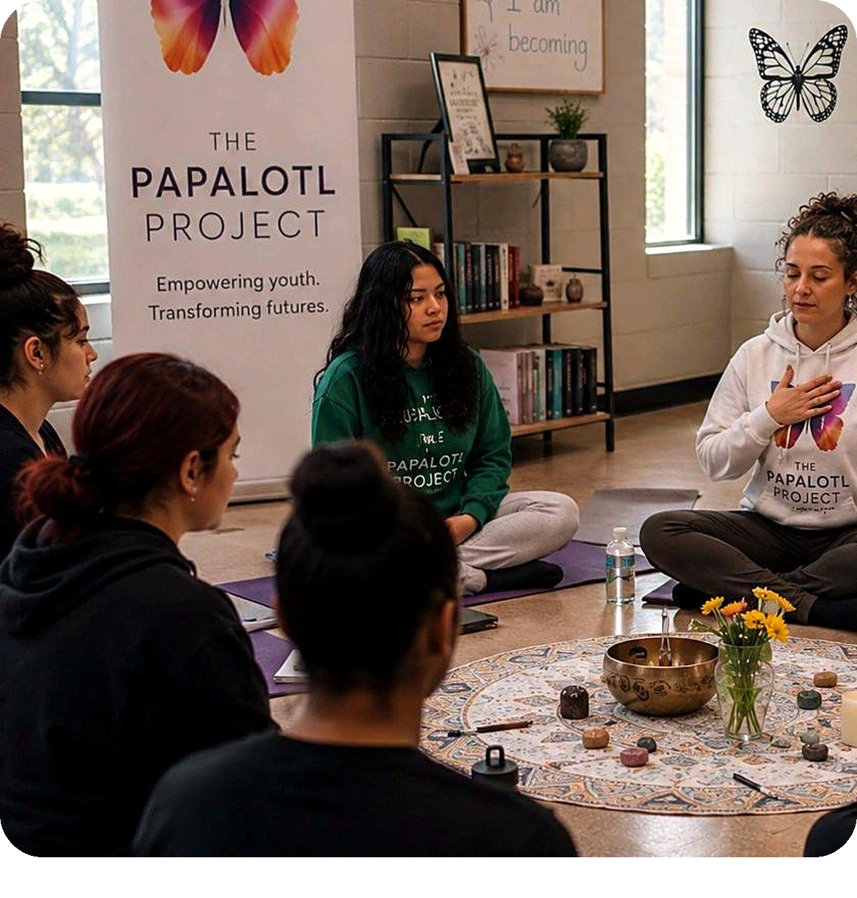 Illustrative image: a facilitator leads a Papalotl mindfulness circle with youth seated on mats arou