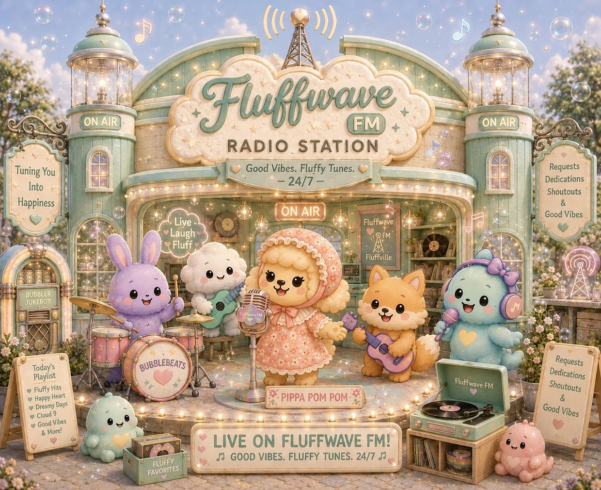 Cute animal band performing live at Fluffwave FM radio station with a pastel, bubbly theme.