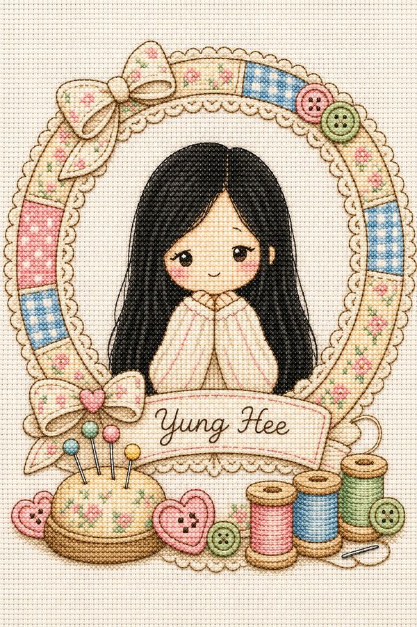 Cute cross-stitch art of a girl with sewing tools and name Yung Hee.