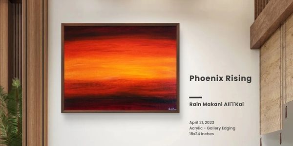 Modern art painting titled 'Phoenix Rising' with warm sunset colors in a living room.