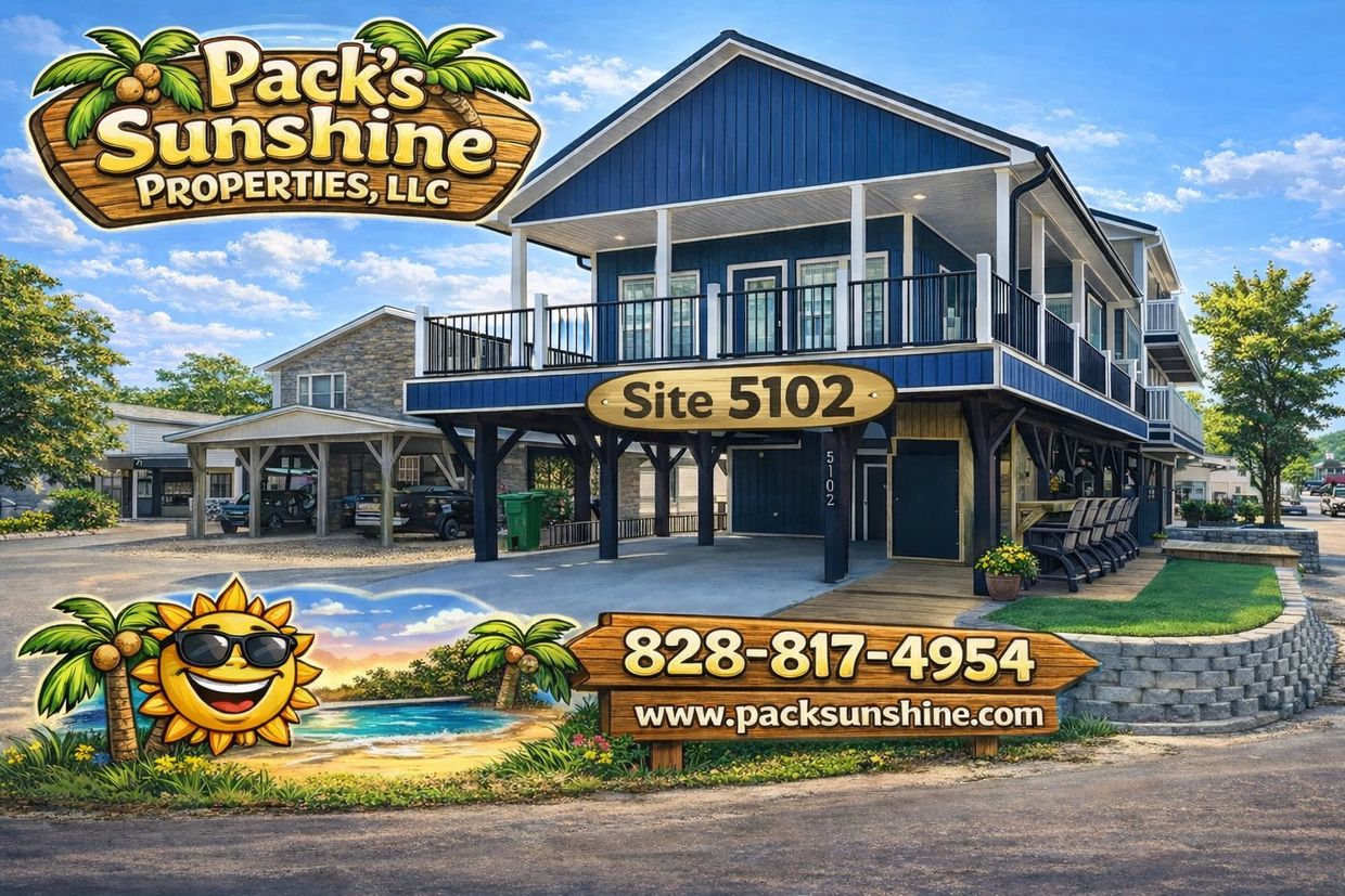 Blue two-story building with a sign for Pack's Sunshine Properties, Site 5102.