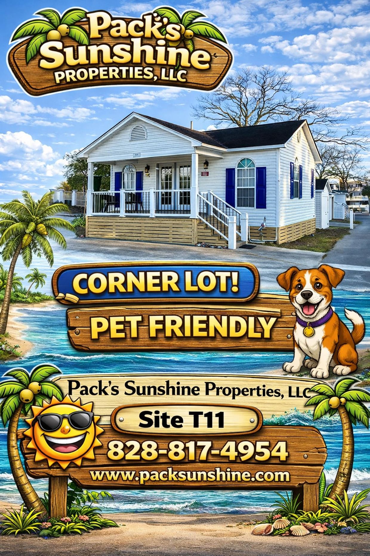Cozy white cottage on a corner lot, pet friendly, advertised by Pack's Sunshine Properties.