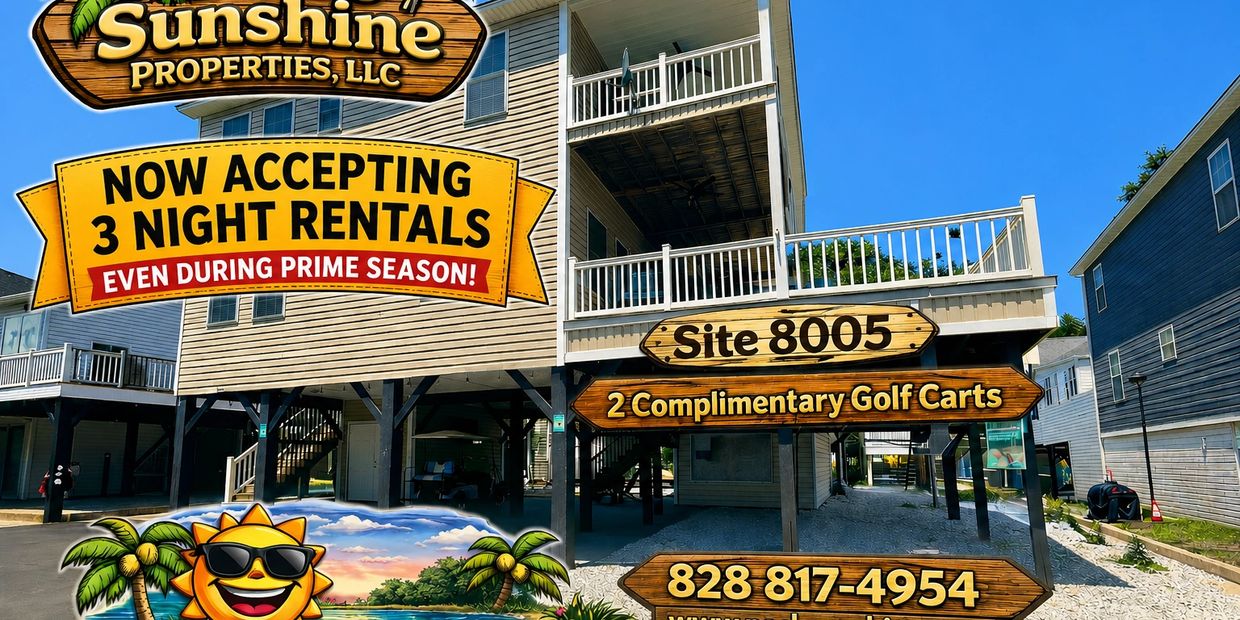 Vacation rental advertisement for Site 8005 with complimentary golf carts.