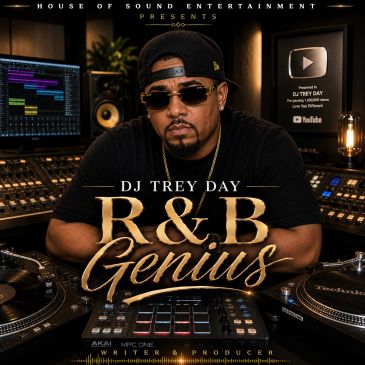 DJ Trey Day's R&B Genius album cover in a studio setting.