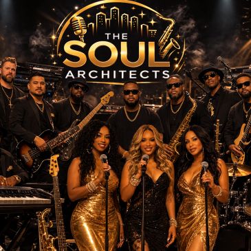 The Soul Architects band posing with instruments and microphones.