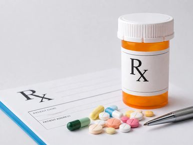 Prescription bottle with pills and a pen on a prescription form.