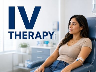 Woman receiving IV therapy in medical clinic.