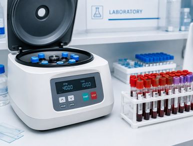 Centrifuge machine with test tubes in a laboratory.