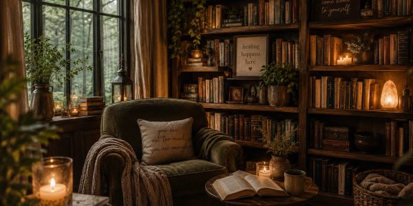 Cozy reading nook with armchair and warm lighting.