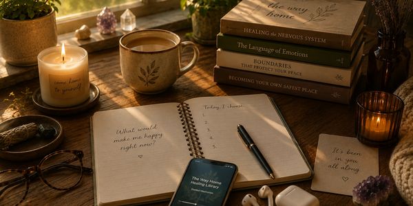Cozy desk with journal, candle, coffee, and books on healing and emotions.