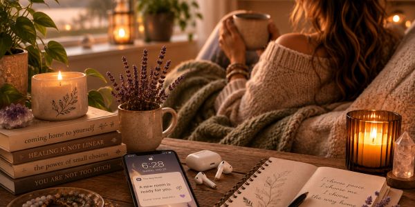 Cozy setting with warm candles, books, and a person relaxing with a cup.
