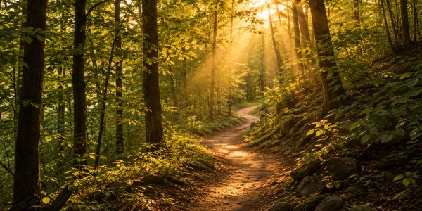 Sunlight illuminates a winding forest path.