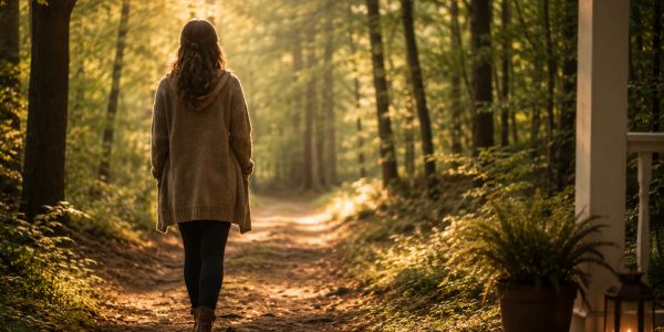 Woman walking on a sunlit forest path.