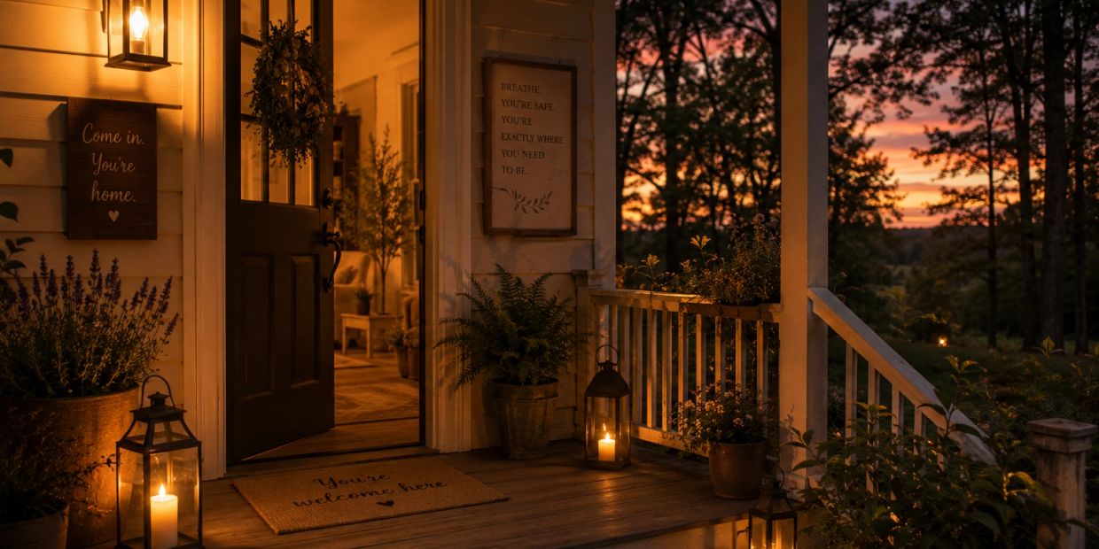 Cozy warmly lit welcoming porch at sunset.