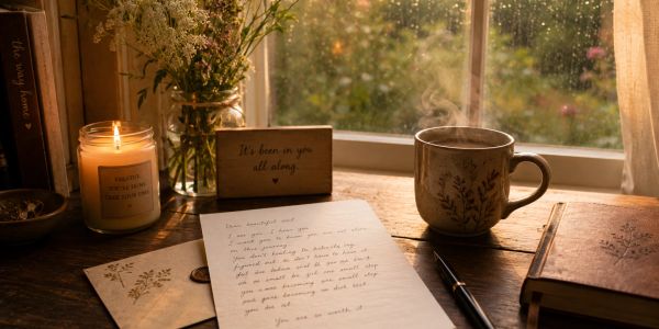 A cozy writing desk with steam from a hot drink and a lit candle.