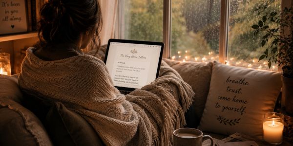 Person reading on a tablet wrapped in a blanket with cozy decor.