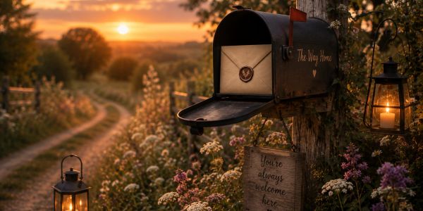 Mailbox and lanterns at sunset on a country path.