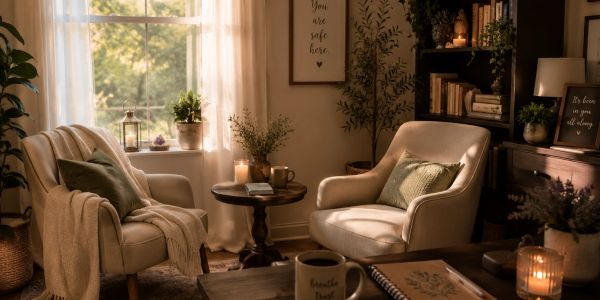 Cozy living room with armchairs and candles.