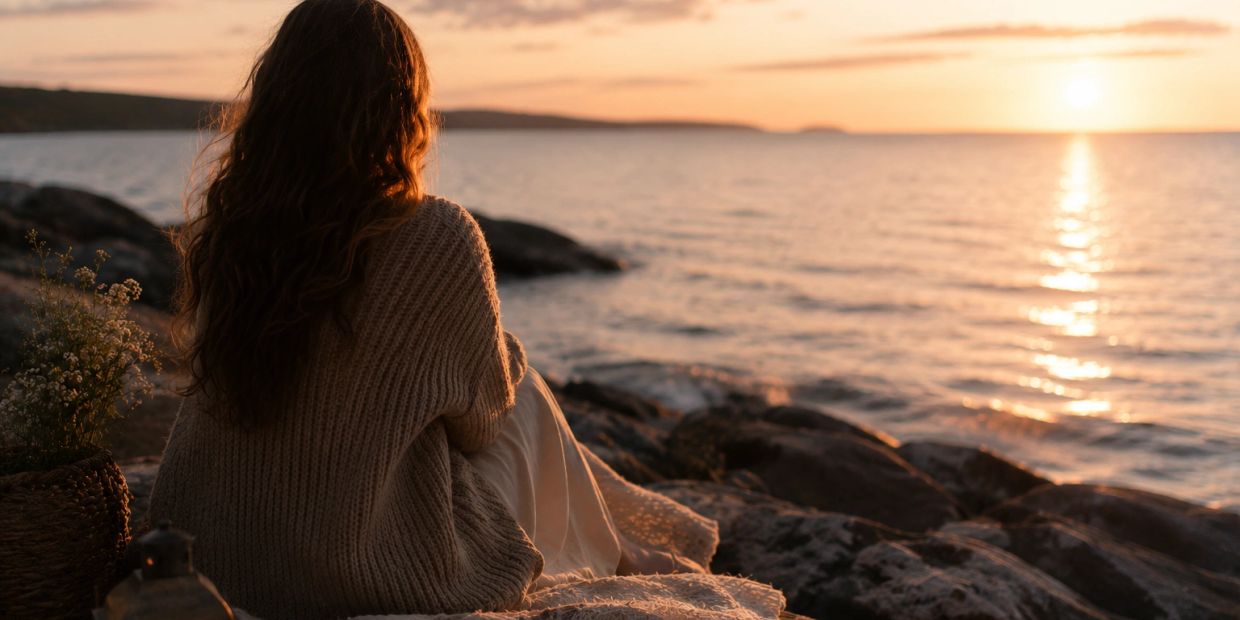 Woman watching a sunset by the sea.