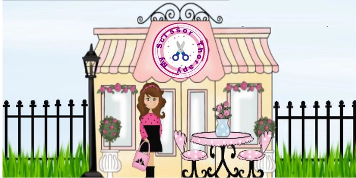 Illustration of a girl outside a pink-themed party shop with floral decor and a table set.