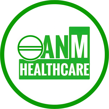 Green and white ANM Healthcare logo with circular border.