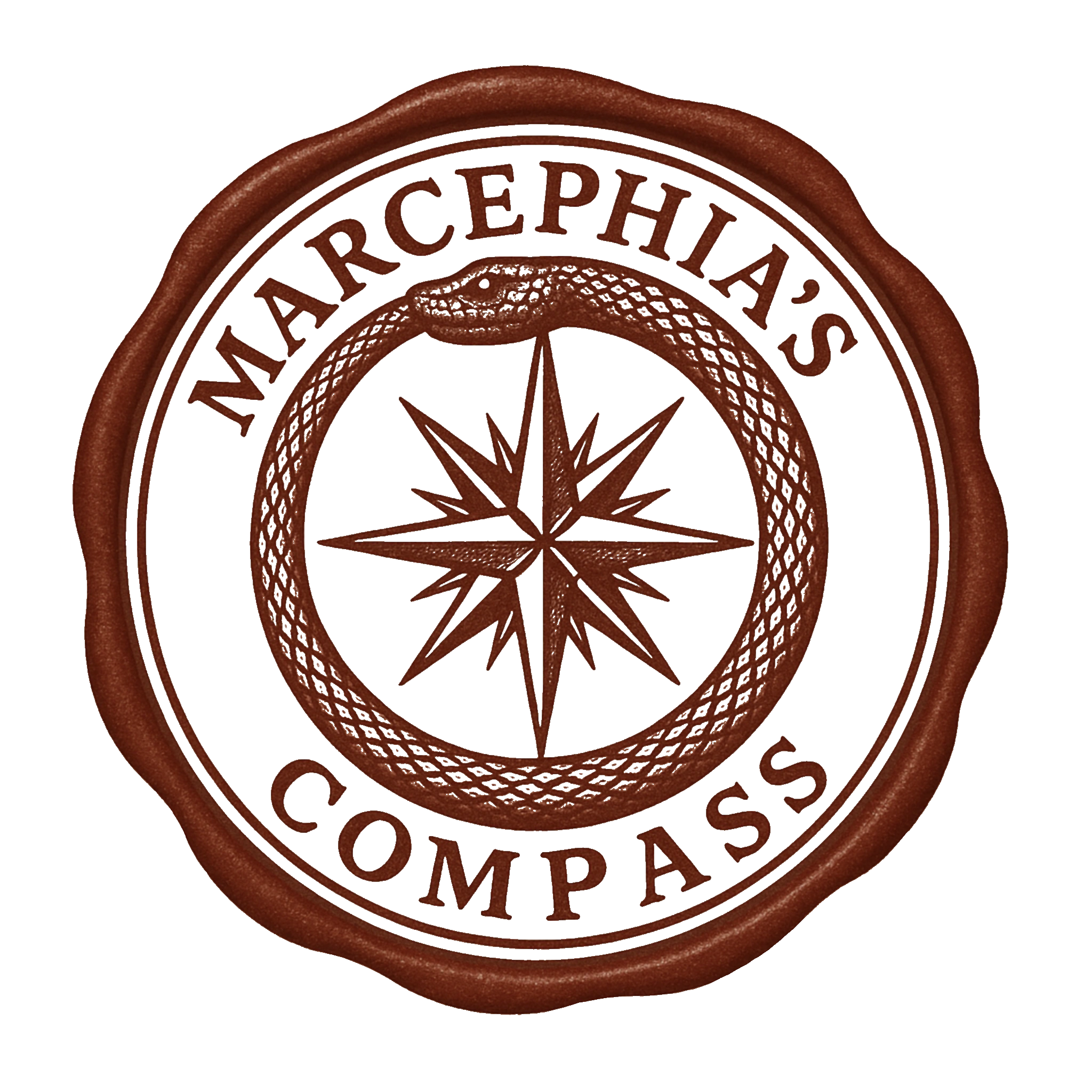 A wax seal with a snake forming a circle around a compass, labeled 'Marcephia's Compass'.