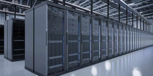A large row of server racks in a modern data center.