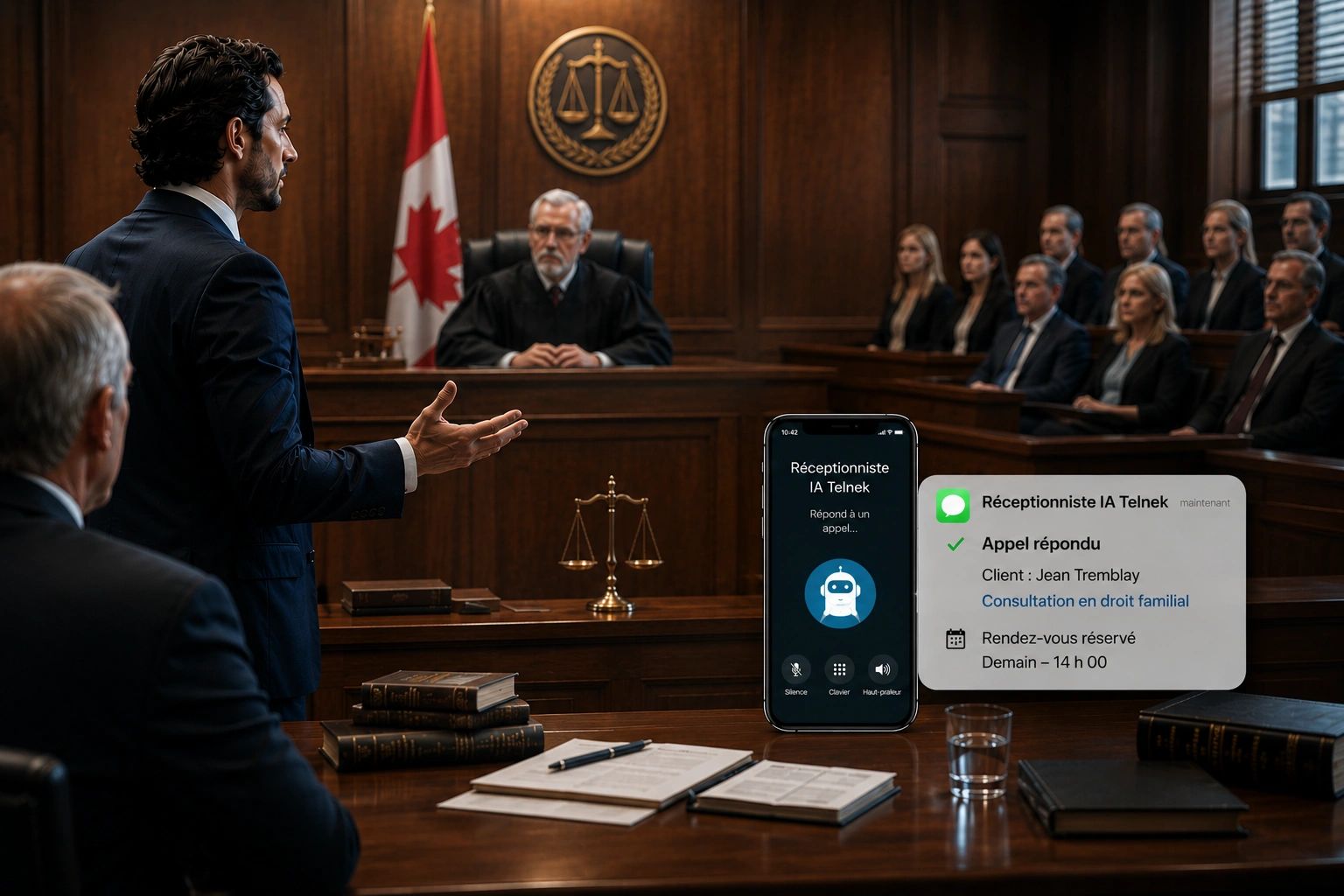 A lawyer making a case in a courtroom with a judge and jury present.