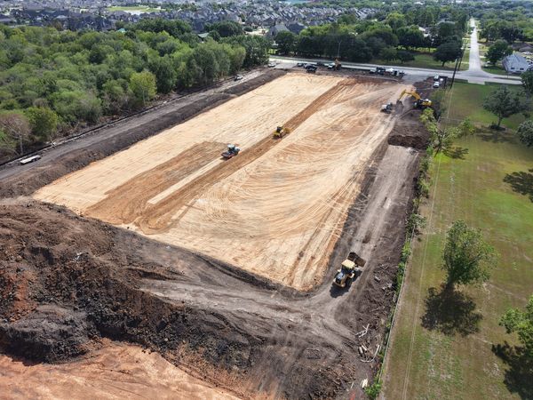 Aerial of building pad grading at Public Storage in Richmond, TX