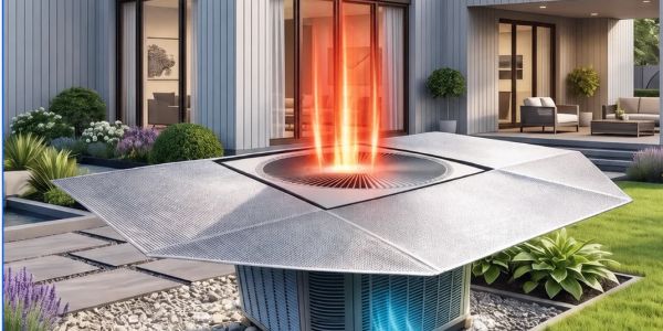 Modern outdoor heating fire pit with glowing flames.