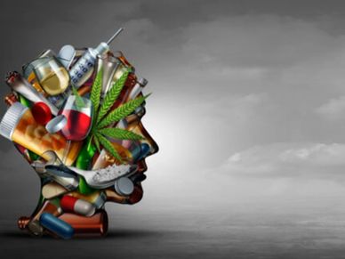 Illustration of a human head made of various drugs and substances.