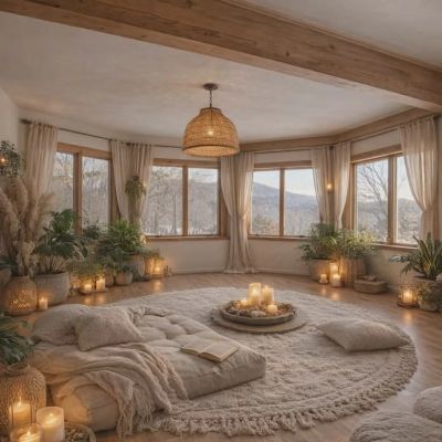 Cozy bohemian room with floor cushions and candlelight.