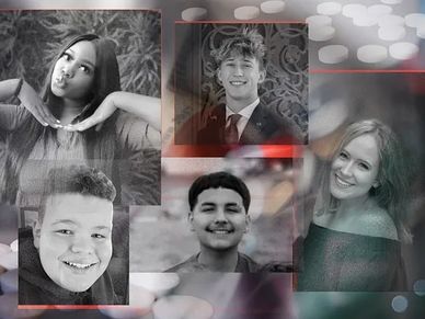 Collage of five smiling young people in black and white portraits.