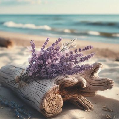 Lavender bouquet on driftwood at beach.