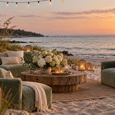 Cozy beach seating area at sunset with flowers and lanterns.