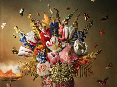 A vibrant floral bouquet with butterflies surrounding it.