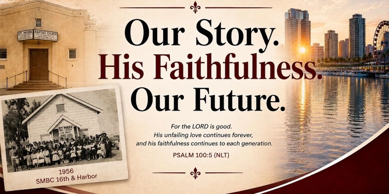 A church's history and faith journey with a modern city skyline.