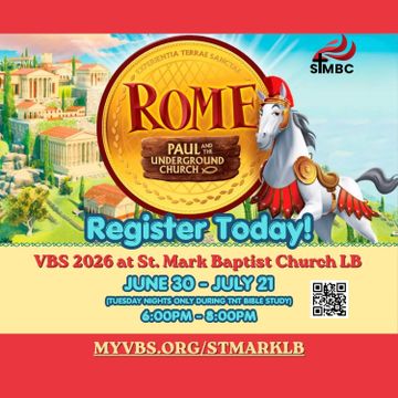 Register now for VBS 2026 at St. Mark Baptist Church LB, June 30-July 21.