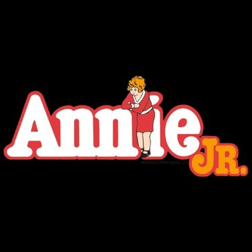 Logo for Annie Jr. musical show with a girl leaning on the text.