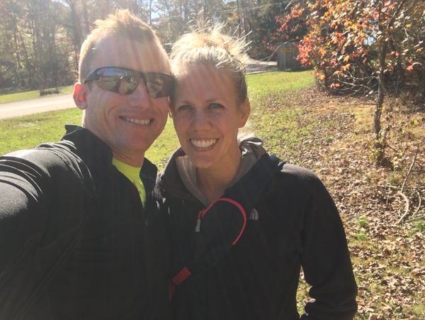 Couple taking selfie in black jacket on the display