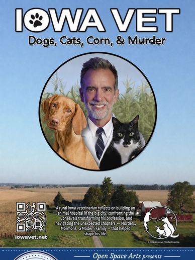 Poster for 'Iowa Vet: Dogs, Cats, Corn, &amp; Murder' with a vet and animals.
