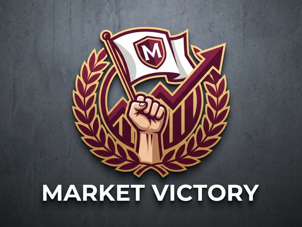 Logo of a raised fist holding a flag with an upward trend arrow and laurel wreath, captioned 'Market Victory'.