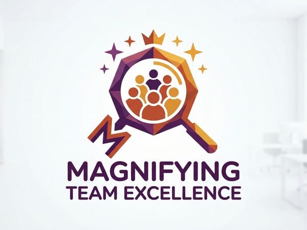 Logo showing a magnifying glass highlighting a team, symbolizing excellence.