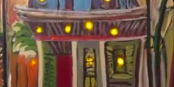 A colorful painting of a lit balcony and windows at night.