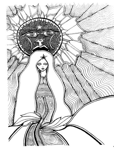 Abstract woman with sun face behind her in black and white.