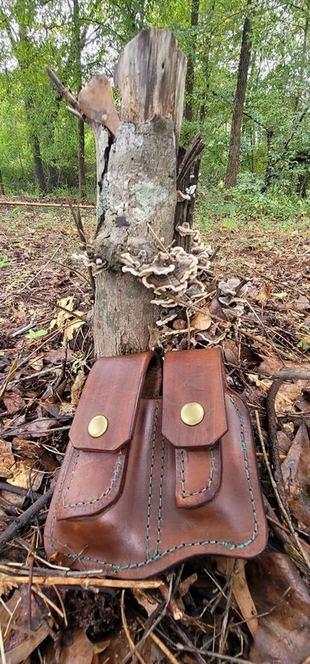Bolso de cuero marrón sobre hojas secas y setas.