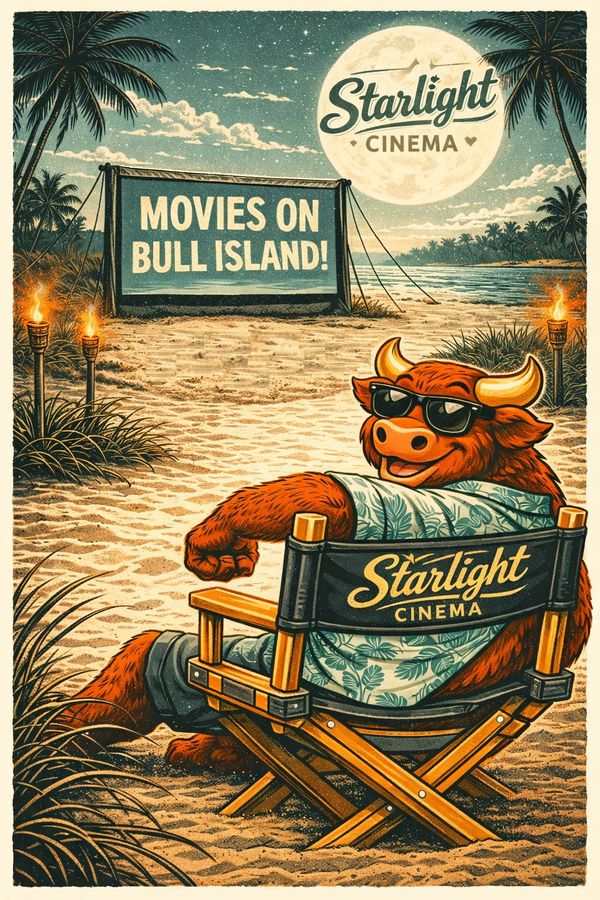 Breaker the bull watching an outdoor movie