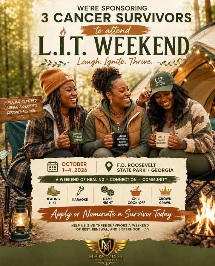 Three women enjoying a camping weekend for cancer survivors sponsored by Meow Mixxx Collective.